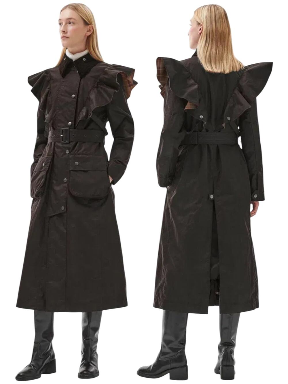 NEW Chloe X Barbour Dany Waxed Long Trench Coat Ruffles Brown Size 12